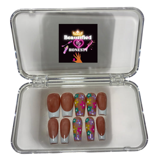 Medium White Coffin French Tip & Floral Design Acrylic Press-On Nail Set